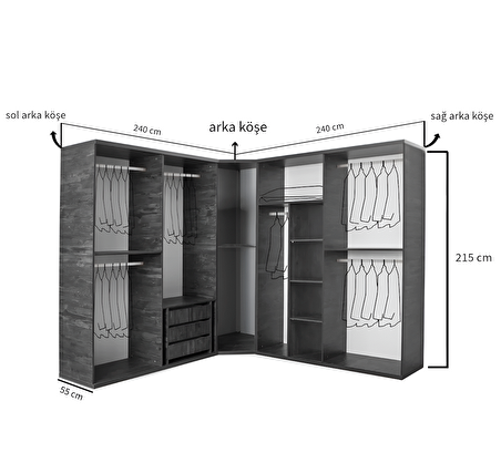 Moskova Köşe Gardırop -mdf-antrasit-240 240x55x215cm- 9 Kapak-cam Kapak-ücretsiz Montaj