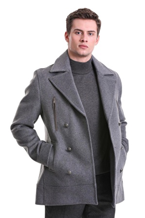 Gri Slim Fit Kruvaze Yünlü Kaşe Kaban | XXL