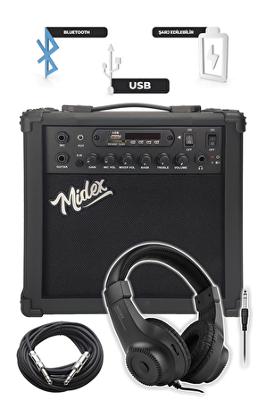 Midex GRX-200BK-25-AMP Les Paul Kasa Elektro Gitar Seti 25 Watt Gainli Şarjlı Amfi ve Full Set (H-H)