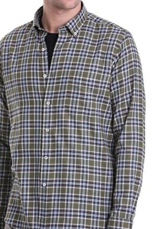 Haki Comfort Fit Kareli Düğmeli Yaka Uzun Kollu Casual Gömlek | S