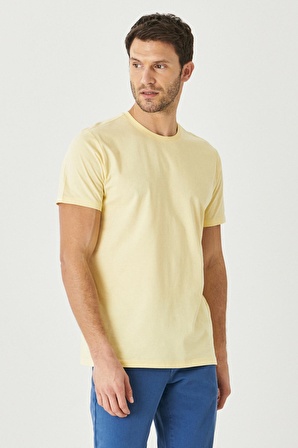 Erkek Sarı %100 Pamuk Slim Fit Dar Kesim Bisiklet Yaka Kısa Kollu Tişört