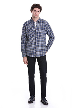 Lacivert Comfort Fit Kareli Düğmeli Yaka Uzun Kollu Casual Gömlek | M