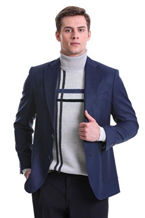 Lacivert Comfort Fit Desenli Mono Yaka Klasik Ceket | 54