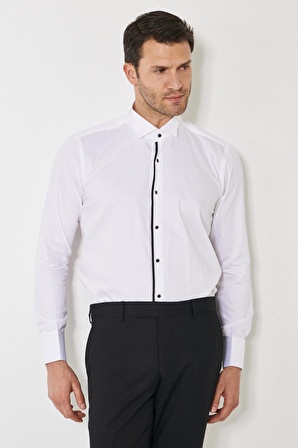 Erkek Beyaz-siyah Slim Fit Dar Kesim %100 Pamuk Ata Yaka Gömlek