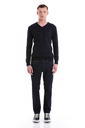 Lacivert Regular Fit Düz V Yaka Yünlü Triko Kazak | L