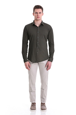 Yeşil Slim Fit Baskılı 100% Pamuklu Slim Yaka Uzun Kollu Baskılı Casual Gömlek | S