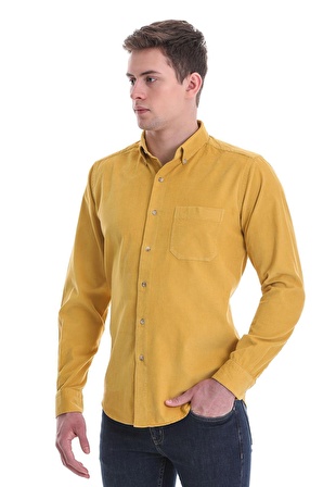 Hardal Slim Fit Düz 100% Pamuklu Düğmeli Yaka Uzun Kollu Klasik Gömlek | XL