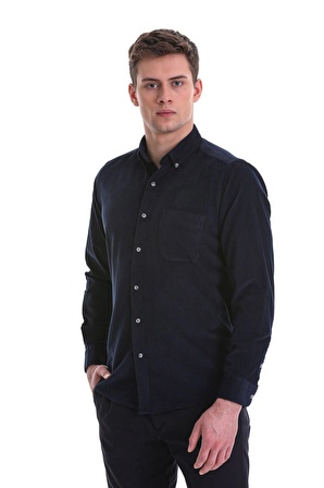 Lacivert Slim Fit Düz 100% Pamuklu Düğmeli Yaka Uzun Kollu Klasik Gömlek | M