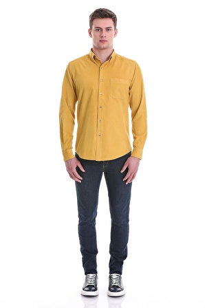Hardal Slim Fit Düz 100% Pamuklu Düğmeli Yaka Uzun Kollu Klasik Gömlek | XL