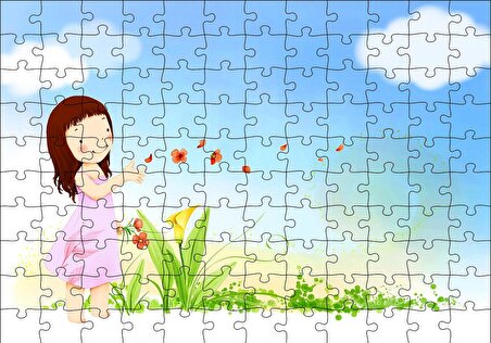Cakapuzzle  Küçük Kız, Çiçekler ve Bulutlar Puzzle Yapboz MDF Ahşap