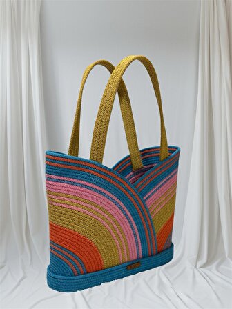 El yapımı çok renkli tress pamuk plaj çantası, el çantası