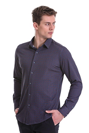 Lacivert Slim Fit Baskılı 100% Pamuklu Slim Yaka Uzun Kollu Baskılı Casual Gömlek | M