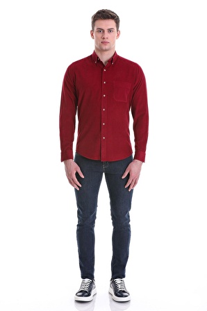 Bordo Slim Fit Düz 100% Pamuklu Düğmeli Yaka Uzun Kollu Klasik Gömlek | XS