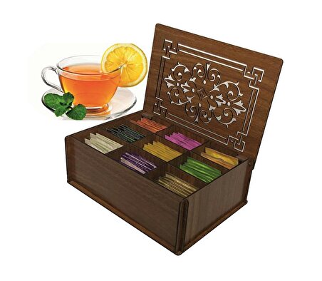 9 Bölmeli Ahşap Çay Kutusu, Teabox,Bitkisel Çay Kahve Kutusu-45 Adet Çay Dahil Ceviz Renk