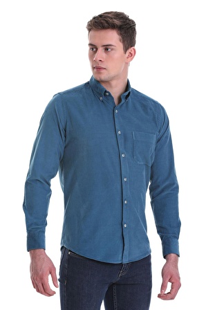 Mavi Slim Fit Düz 100% Pamuklu Düğmeli Yaka Uzun Kollu Klasik Gömlek | XS