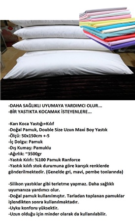 Karı Koca Yastığı, Kılıflı, Doğal Pamuk, Double Uzun Maxi Boy Yastık+Kılıf (50x150)