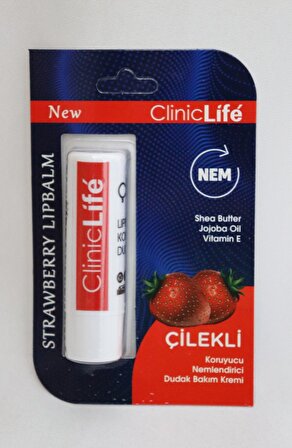 Cliniclife Dudak Bakım Kremi  4,8gr, Doğal Yağlar ile Çilekli Dudak Bakımı Nem  Strawberry Lip Balm