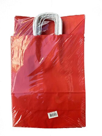Büküm Saplı Kraft Kağıt Çanta Karton Hediyelik Poşet Torba - Kırmızı - 18x24 Cm. - 10 Adetlik Paket