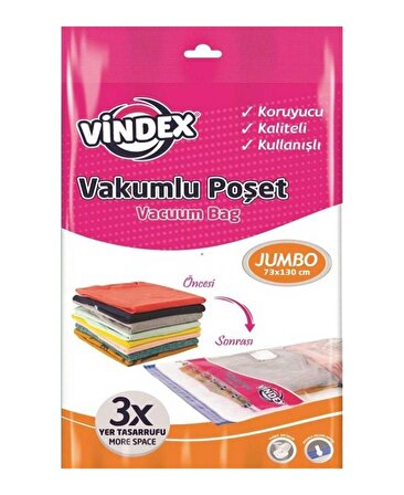 Vindex Vakumlu Giyisi Yastık Yorgan Saklama Torbası Poşeti Hurç - Jumbo - 73x130 Cm. - 3 Paket