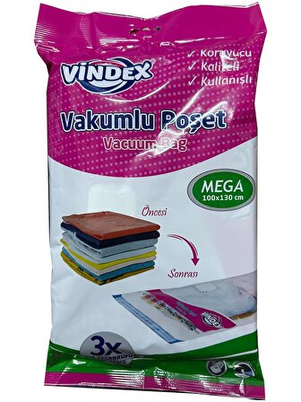 Vindex Vakumlu Giyisi Yastık Yorgan Saklama Torbası Poşeti Hurç - Mega - 100x130 Cm. - 10 Paket