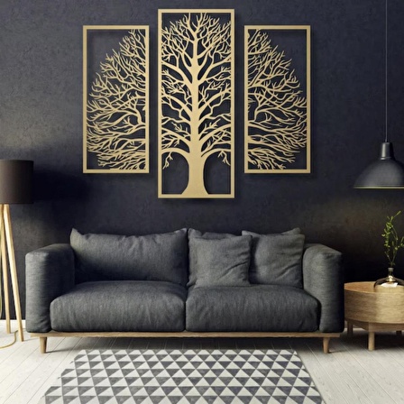 Catline Muhteşem 3 Parçalı Ağaç Desenli Lazer Kesim Ahşap Tablo - Evinize Doğal Bir Dokunuş