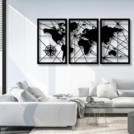 Catline Muhteşem 3 Parçalı Dünya Haritası Desenli Lazer Kesim Ahşap Tablo - Evinize Dünyayı Getirin