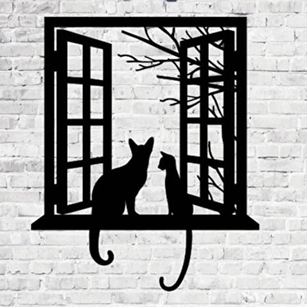 Catline Muhteşem Kedili Pencere Temalı Lazer Kesim Ahşap Tablo - Evinize Sevimlilik ve Huzur Katın