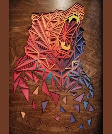 Catline Muhteşem Renkli Ayı Kafası Desenli Lazer Kesim Ahşap Tablo - Evinize Vahşi Bir Dokunuş