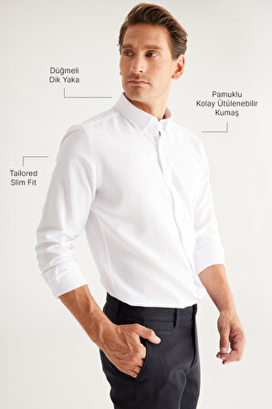 Erkek Beyaz Düğmeli Yaka Pamuklu Slim Fit Dar Kesim Oxford Gömlek