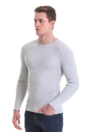Gri Slim Fit Fitilli Bisiklet Yaka Yünlü Triko Kazak | M