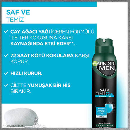 Garnier Saf & Temiz Antiperspirant Ter Önleyici Leke Yapmayan Erkek Sprey Deodorant 150 ml