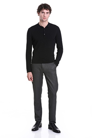Siyah Regular Fit Düz Polo Yaka Yünlü Triko Kazak | S