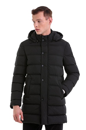 Siyah Slim Fit Hakim Yaka Kapüşonlu Basic Kaban | XL