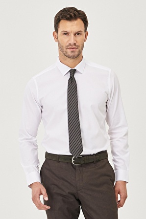 Erkek Beyaz Ütü Gerektirmeyen Non-iron Slim Fit Dar Kesim %100 Pamuk Armürlü Gömlek