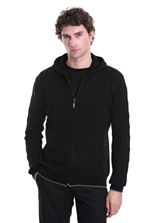 Siyah Regular Fit Jakarlı Yarım Fermuarlı Kapüşonlu Triko Kazak | XL