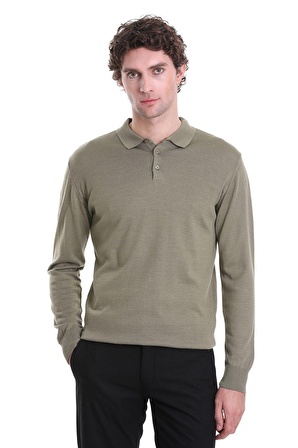 Yeşil Regular Fit Düz Polo Yaka Triko Kazak | XL