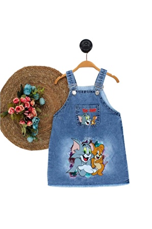 Kız Çocuk Kot Jile Salopet Tom ve Jerry Baskılı Denim Elbise - Model-5