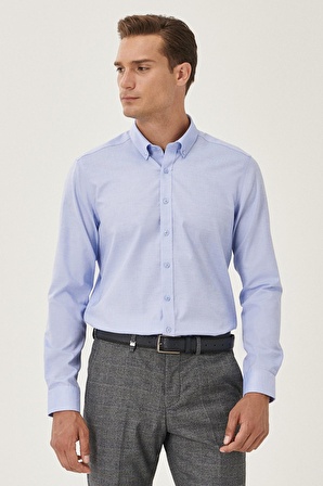 Erkek Açık Mavi Ütü Gerektirmeyen Non -ıron Slim Fit Dar Kesim %100 Pamuk Düğmeli Yaka Gömlek