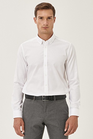 Erkek Beyaz Ütü Gerektirmeyen Non -ıron Slim Fit Dar Kesim %100 Pamuk Düğmeli Yaka Gömlek