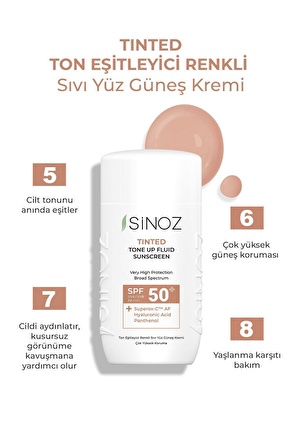 Sinoz Spf50 Tinted Sıvı Yüz Güneş Kremi - Yeni Nesil Güneş Filtreleri İle Hibrit Formül 50ml