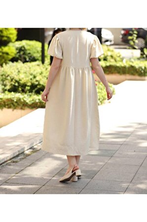 Kadın Vintage Retro Dantelli Bağcıklı Balon Kollu Diz Altı Salaş Elbise
