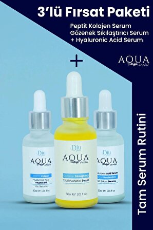 Aqua Peptit Kolajen + Gözenek Sıkılaştırıcı + Hiyaluronik Asit Serumu Cilt Bakım Serum Seti 30ml