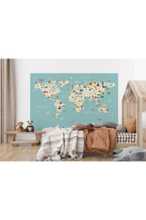 Dünya Haritası Çocuk Ve Bebek Odası Hayvanlar Alemi Duvar Kağıdı-3786