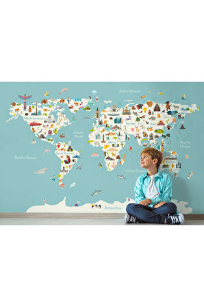 Dünya Haritası Çocuk Ve Bebek Odası Hayvanlar Alemi Duvar Kağıdı-3786