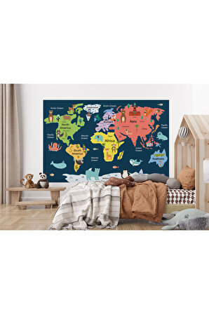 Dünya Haritası Çocuk Ve Bebek Odası Hayvanlar Alemi Duvar Kağıdı-3810