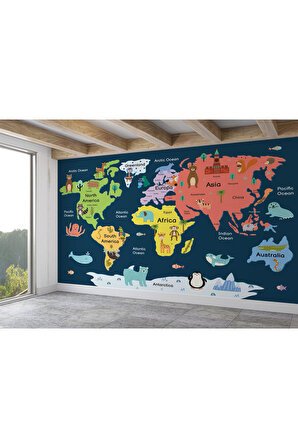 Dünya Haritası Çocuk Ve Bebek Odası Hayvanlar Alemi Duvar Kağıdı-3810