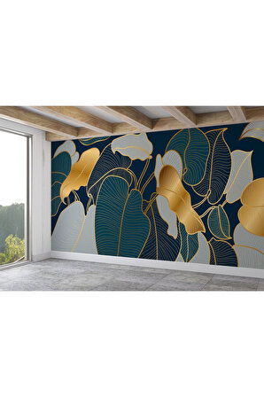 Altın Detaylı Tropical Yapraklar Desenli Duvar Kağıdı-5623
