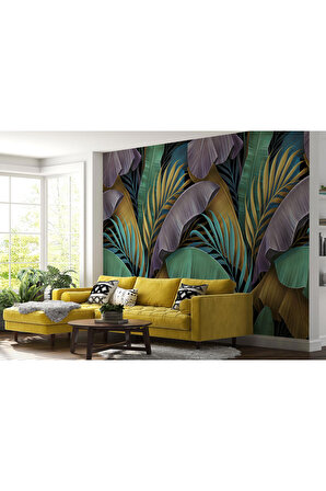 Altın Detaylı Tropical Yapraklar Desenli Duvar Kağıdı-5628