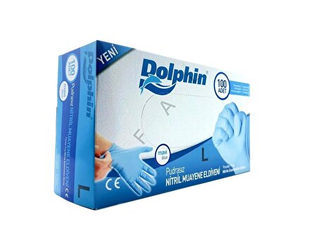 Dolphin Tek Kullanımlık Lateks Mavi Pudrasız Nitril Muayne Eldiveni Large Büyük Boy - 100'lü Paket