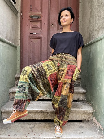 Unisex Nepal Patchwork Pantolon, Salaş Pantolon, Rahat Pantolon, Renkli Şalvar